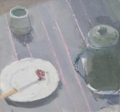 Lot 2200 - Patrick George (1923-2016) Breakfast Studio stamp to reverse, oil on board, 17cm by 17cm...