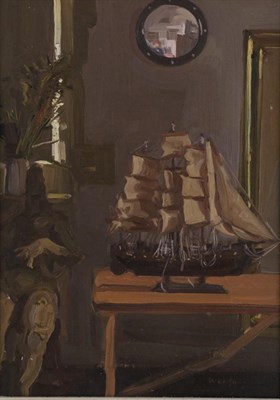 Lot 2202 - Robbie Wraith (b.1952) Interior scene with a model ship and seated nude Signed, oil on board,...