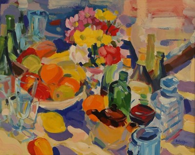 Lot 2206 - John Holt (b.1949) 'Still Life with Wine and Fruit' Signed, inscribed verso, oil on canvas,...