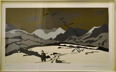 Lot 1012 - Kyffin Williams (1918-2006)  'Pontlyfmi in Snow'  Signed in pencil and numbered 36/150, lithograph