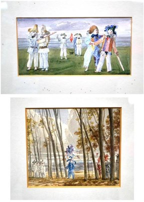 Lot 1036 - Claude Harrison ARCA, RP (1922-2009)  'Children dressed as harlequins on a beach'  Signed,...