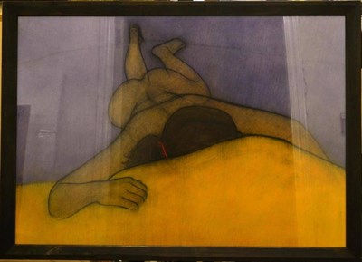Lot 1040 - Brian Addison (Contemporary)  'Woman on Violet & Gold'  Pastel, 2006, 70cm by 100cm