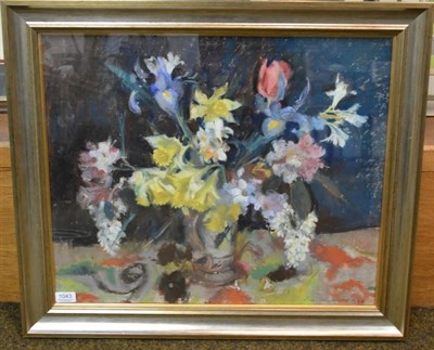 Lot 1043 - Lena Alexander (fl.1940's)  'Still life of Daffodils, Iris, Rhododendron, Tulips and Lilac in a...