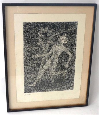 Lot 1048 - Derek Boshier (b.1937)  'Man in a Mask Running Past a Sculpture' Signed DB and dated 1981, ink...