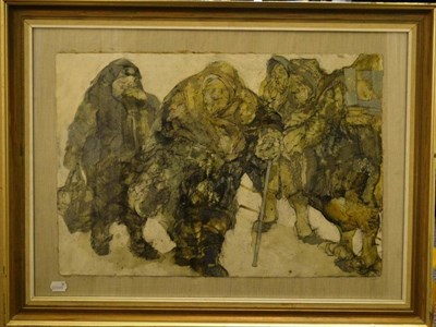 Lot 1062 - Anda Paterson RSW (b.1935)  'The Crones' Mixed media, 44cm by 62cm