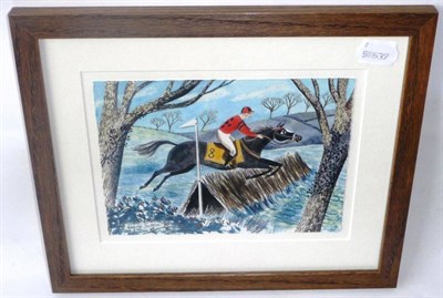 Lot 1069 - Emily Sutton (Contemporary)  'Horse and Rider Jumping a Cross Country Fence' Signed ink and...