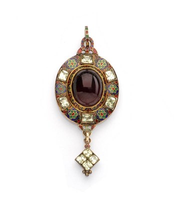 Lot 482 - A Holbeinesque Pendant, a cabochon garnet rubover set centrally the sides of the setting...