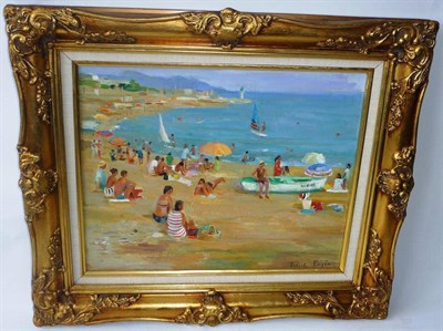 Lot 1081 - Irene Pages (b.1934) French  Plage de Cap d'ail Signed, oil on canvas, 32cm by 39cm