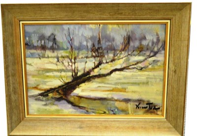 Lot 1083 - (20th century)  Winter River Scene Indistinctly signed, oil on board, 30cm by 45cm