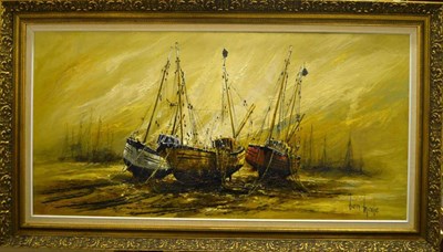 Lot 1087 - Ben Maile (b.1922)  Fishing Boats Beached on the Shore Signed, oil on canvas, 59.5cm by 121cm