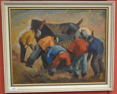 Lot 1088 - Val Pownall (20th century)  Six Fishermen Mending a Cobble Signed, oil on board, 44cm by 55.5cm