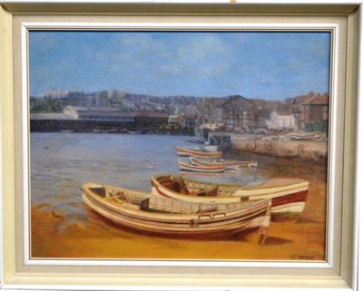 Lot 1090 - R G Wright (20th century)  Scarborough Harbour with Cobble Boats Signed, oil on board, 34cm by 44cm