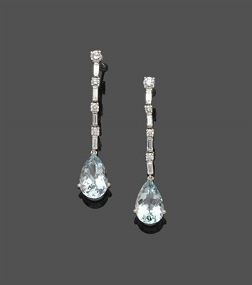 Lot 486 - A Pair of 18 Carat White Gold Aquamarine and Diamond Drop Earrings, a round brilliant cut...