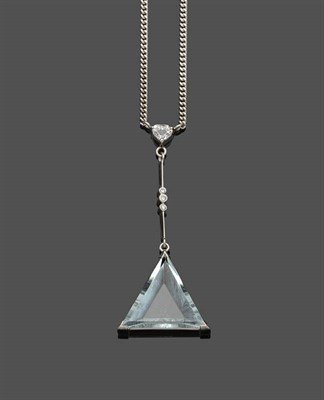 Lot 487 - An 18 Carat White Gold Aquamarine and Diamond Necklace, a heart brilliant cut diamond suspends...