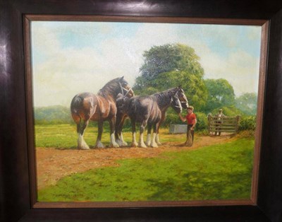 Lot 1129 - Frank Wright (b.1928)  A Young Boy Feeding Apples to Three Shire Horses Signed, oil on canvas,...