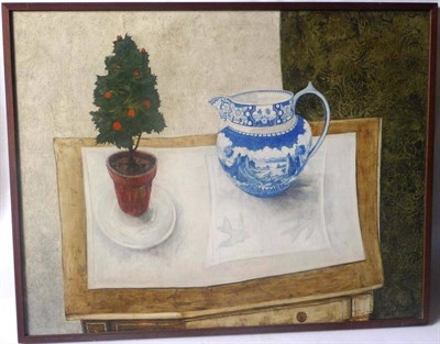 Lot 1154 - John Ridgewell (b.1937) Still Life with a Willow Pattern Jug and Pot Plant Signed and dated (19)68