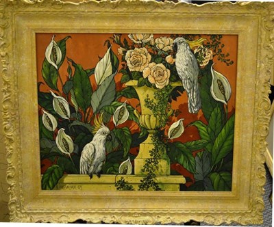 Lot 1159 - Keith Ingermann (Contemporary)  Parakeets and Urn of Flowers Signed and dated (19)89, oil on board