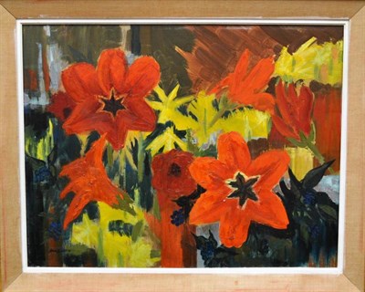 Lot 1164 - Druie Bowett (1924-1999)  Red, Yellow and Orange Flowers Signed and dated (19)58, oil on...