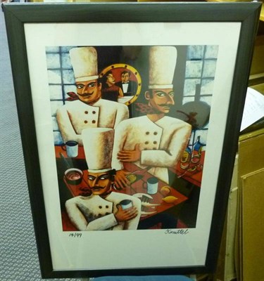 Lot 1032 - Graham Knuttel (b.1954) Irish Three chefs drinking black rum Signed, numbered 14/99 and...