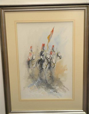 Lot 1066 - Ben Maile (b.1922) Soldiers mounted on horseback Signed, watercolour, 54.5cm by 37cm