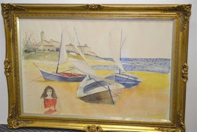 Lot 1069 - Charles Levier (1920-2003) French Figure on a beach Pen and watercolour, 57cm by 87cm