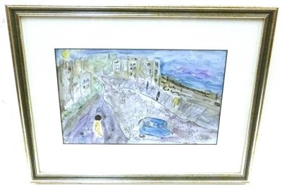 Lot 1072 - Dora Holzhandler (b.1928) British Figures walking along a castle ruin near the sea Signed,...