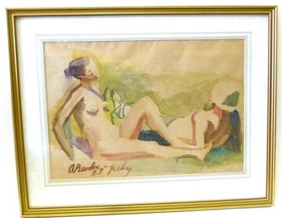 Lot 1073 - Anne Brooke (1916-2002) Two nudes sunbathing Signed and inscribed 27th July, watercolour,...