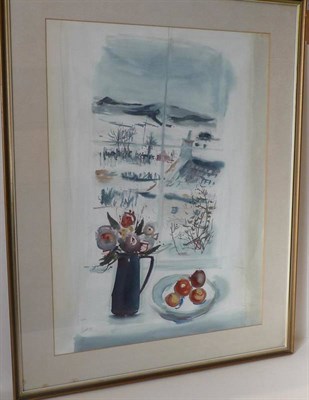 Lot 1077 - Archie Sutter Watt RSW (1915-2005) Still life of peaches and jug of roses on a window sill...