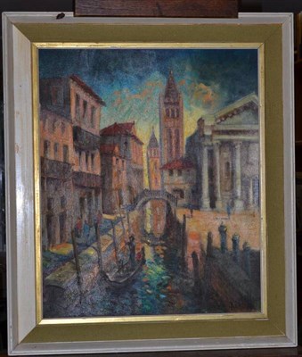 Lot 1094 - James Everett Kessell RBSA (1915-1978) Venetian canal scene Signed and dated (19)74?, oil on board