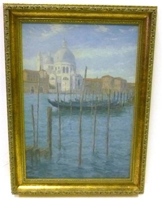 Lot 1096 - Julian Halsby (b.1948) Gondolas moored in front of Santa Maria della Salute, Venice Signed oil...