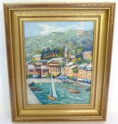 Lot 1097 - Beppe Chiaudano (b. 1936) 'Portofino' Signed, oil on canvas, together with another oil on canvas of