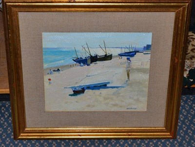 Lot 1101 - John Eveleigh (b.1926)  Figures and fishing boats on a beach Signed, oil on board, together...