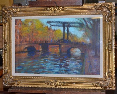 Lot 1109 - John Mackie (b.1955) Figure on a bridge overlooking a river Signed and dated (19)95, pastel,...