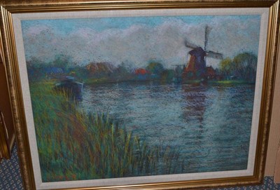 Lot 1110 - John Mackie (b.1955) River landscape with a windmill Signed and dated (19)95, pastel, 57cm by 77cm