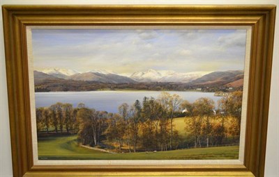 Lot 1120 - Alan R Thompson (Contemporary) Windermere from Ambleside with Langdales in the snow Signed, oil...