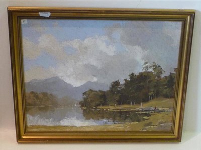 Lot 1121 - R.M. Tomlinson (20th/21st century) Lake scene with figures Signed, oil on board, 35cm by 45cm