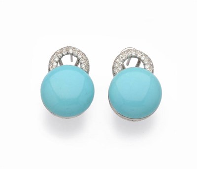 Lot 504 - A Pair of Turquoise and Diamond Earrings, a pavé diamond set half hoop surmounts a round...