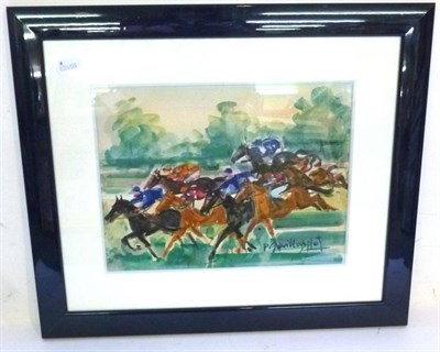 Lot 1146 - Pierre Gaillardot (1910 - 2002)  'Hurdling, Deauville' Signed, watercolour, 24cm by 32cm