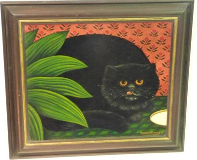 Lot 1151 - Martin Leman RBA RWS (b.1934) A black cat with a bowl of milk Signed and dated (19)81, oil on...