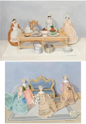 Lot 1153 - Audrey Johnson (b.1918) Dolls in period dress in a kitchen and Dolls in a drawing room Each...