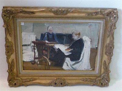 Lot 1154 - Igor Razdrogin (b.1923) Russian Interior scene with a lady and gentleman reading Signed, oil on...