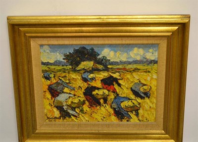 Lot 1164 - Noparat Livisit (Contemporary) Thai Figures working in a cornfield Signed, oil on canvas, 29cm...