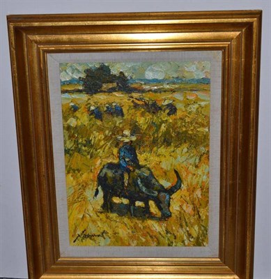 Lot 1165 - Noparat Livisit (Contemporary) Thai 'The Cornfield' near Bangkok, 1974 Signed, inscribed verso, oil