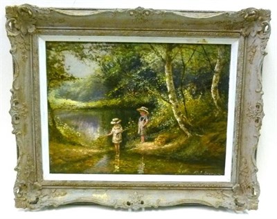 Lot 1168 - Paul J Attfield (b.1950) Children fishing Signed, oil on board, 29cm by 39cm