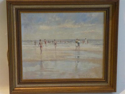 Lot 1169 - Pauline Brown AMNS (20th/21st century) Figures enjoying the sea Signed, oil on board, 24.5cm by...