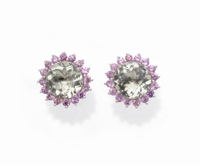 Lot 508 - A Pair of Green Quartz and Pink Sapphire Cluster Earrings, the round Dutch rose cut quartz within a