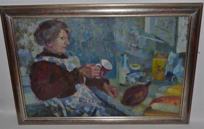 Lot 1177 - Sheila C. Bownas (1925-2007) Portrait of the artist's mother 'Elevenses' Signed, oil on canvas,...