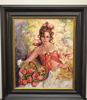 Lot 1182 - J L Giner (Contemporary) Portrait of a Spanish Girl Signed, oil on canvas, 59.5cm by 49cm