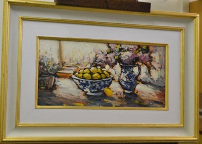 Lot 1190 - Pie Yang (b.1971) Chinese Still life of lemons and a vase of flowers Signed, oil on canvas, 29cm by