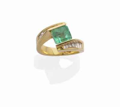 Lot 510 - An Emerald and Diamond Ring, the emerald-cut emerald tension set in a contemporary mount, with...